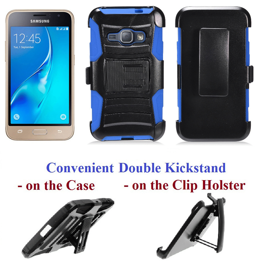 for samsung galaxy j1 2016 express 3 amp 2 j120 case phone clip holster double kickstands hybrid shock bumper cover blue holograpic trash can