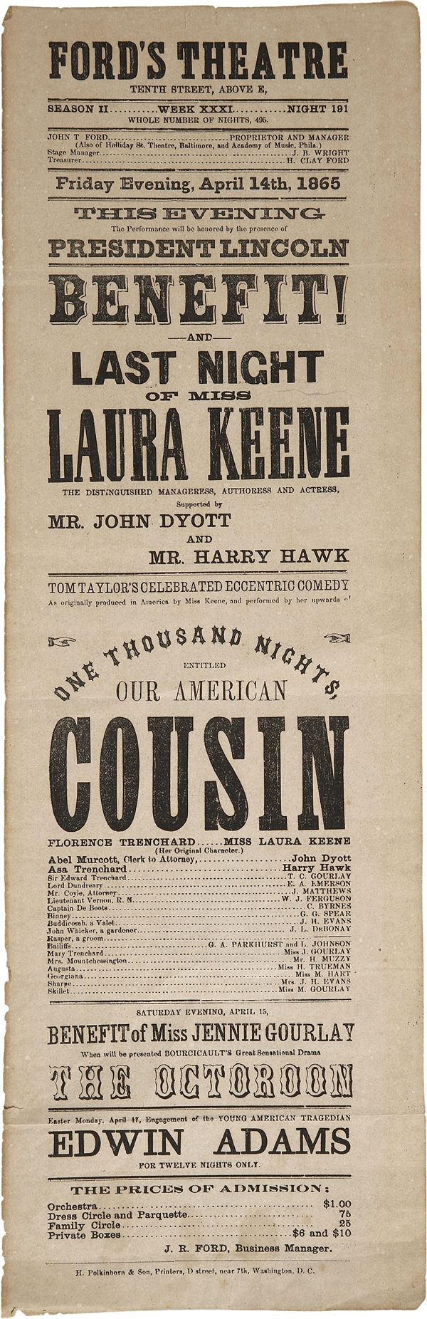 the play bill for our american cousin which president lincoln medium