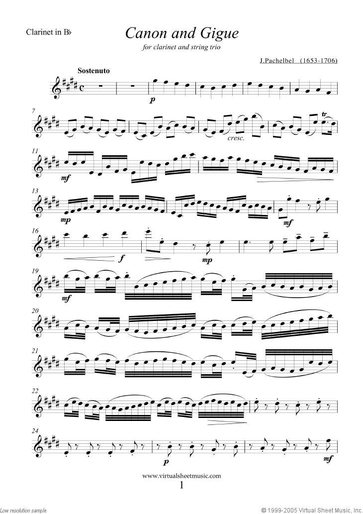 pachelbel canon in d sheet music for clarinet and string trio medium