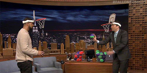 drake and jimmy fallon put hoops on their heads and medium