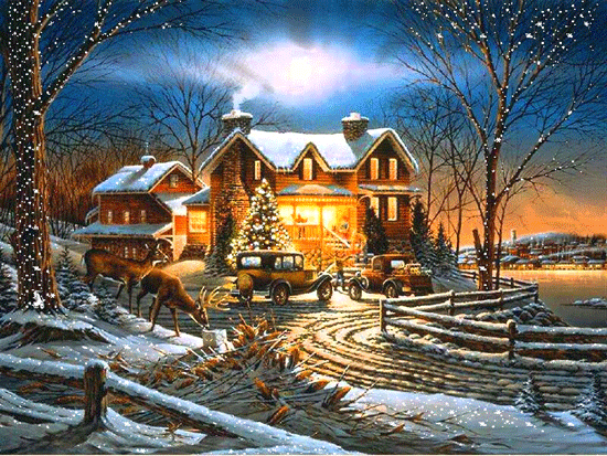 animated christmas gif with house and trees under snowfall that medium