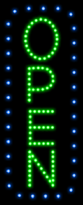 open vertical blue border and green letters animated led sign open medium