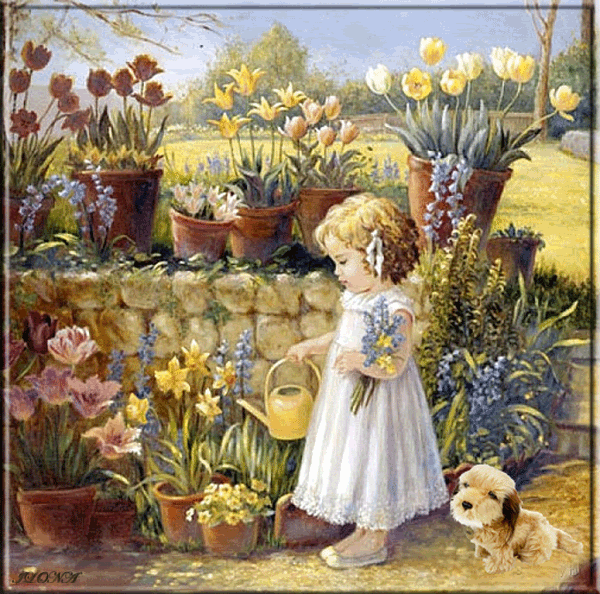 little girl in the garden cute spring nature flowers animated medium