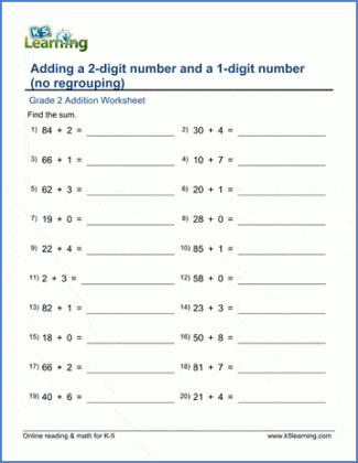 grade 2 worksheet add 2 digit and 1 digit numbers no regrouping medium