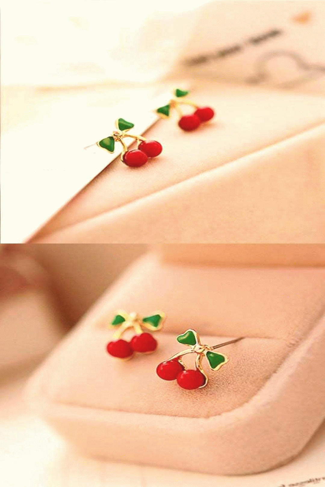 lovely green leaves red cherry women earrings studs in medium