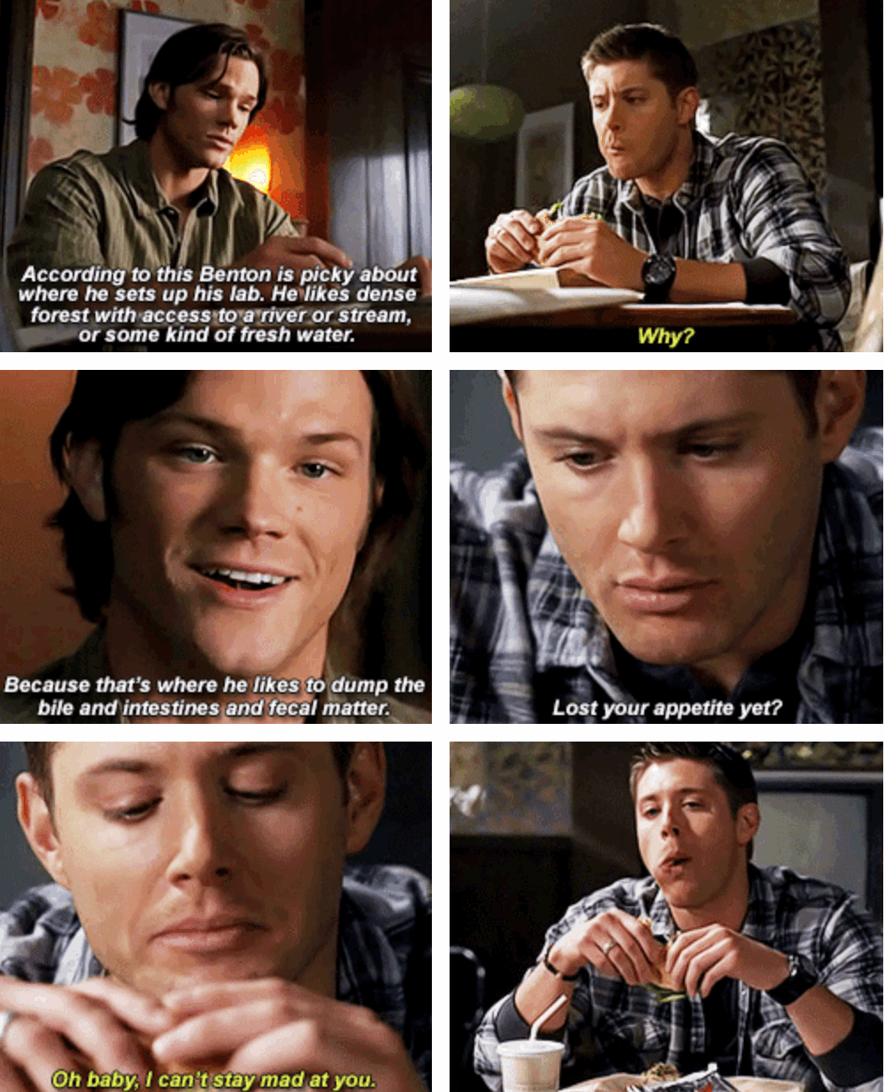 haha dean s love of food lives on set of gifs 3x15 time is on my medium