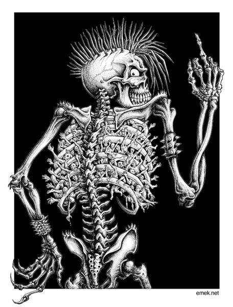 emekx punk rock skeleton has people in ribs grins and gives the medium