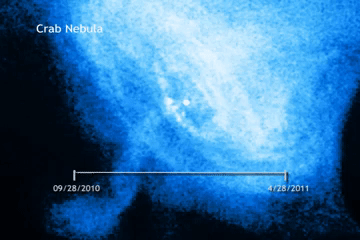 animation of the pulsar at the center of the crab nebula over the medium