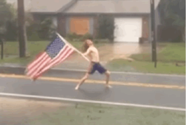 headbanging flag waving shirtless american hero challenges hurricane matthew as slayer blares medium