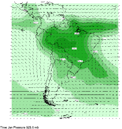 south america monthly precipitation animation with 925 wind vector medium