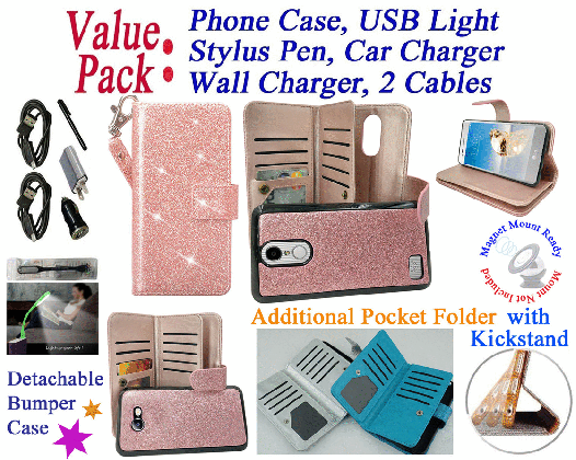 value pack for lg tribute dynasty risio 2 aristo phone case glitter wallet mag mount ready detach bumper extra pocket purse screen flip cover rose holograpic trash can medium