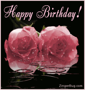 happy birthday 2 pink roses with raindrops glitter graphic greeting medium