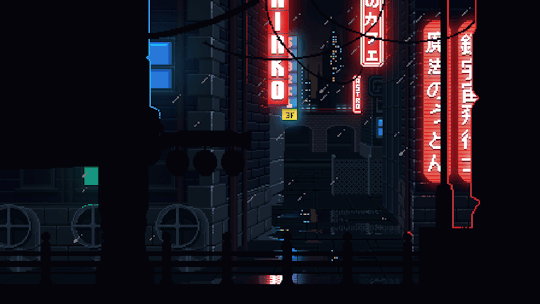 raining over streets night cyberpunk city sci fi pixel art art medium