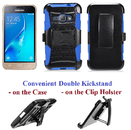 for samsung galaxy j1 2016 express 3 amp 2 j120 case phone clip holster double kickstands hybrid shock bumper cover blue holograpic trash can medium