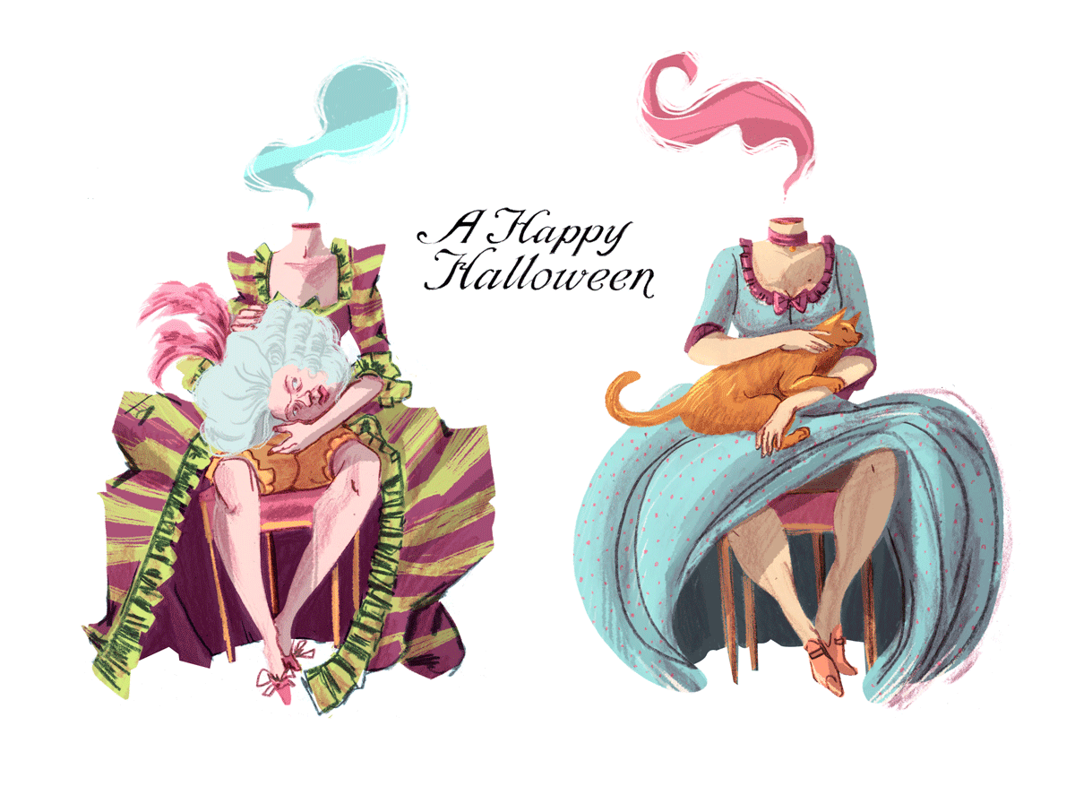 animated gif halloween greetings postcard with two headless ladies medium