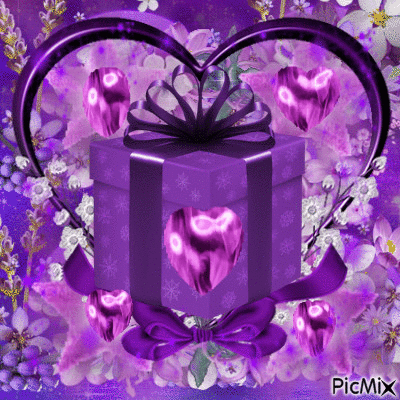 purple flowers in the background a purple heart three hearts and a medium