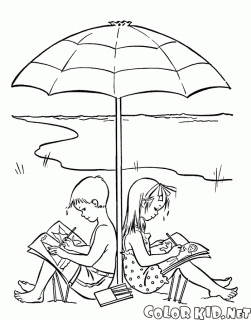 coloring page children under an umbrella from the sun small