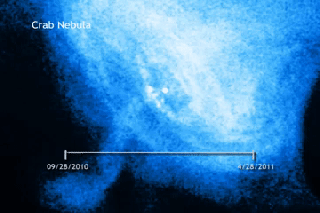 animation of the pulsar at the center of the crab nebula over the small