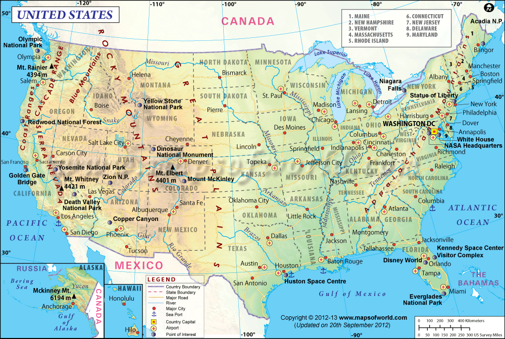 map of usa showing point of interest major cities states and small