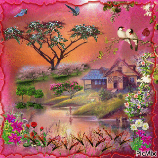 a mountain cabin with blowing flowers sparkling tree pink trees small