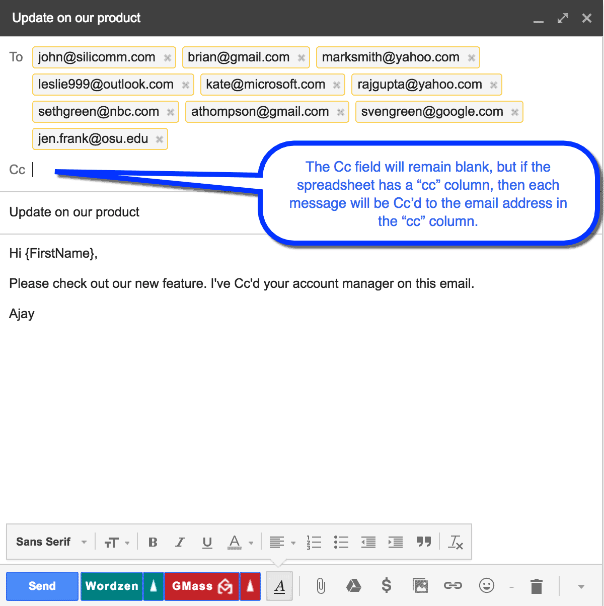 secret feature set the cc and bcc fields in a mail merge from a small