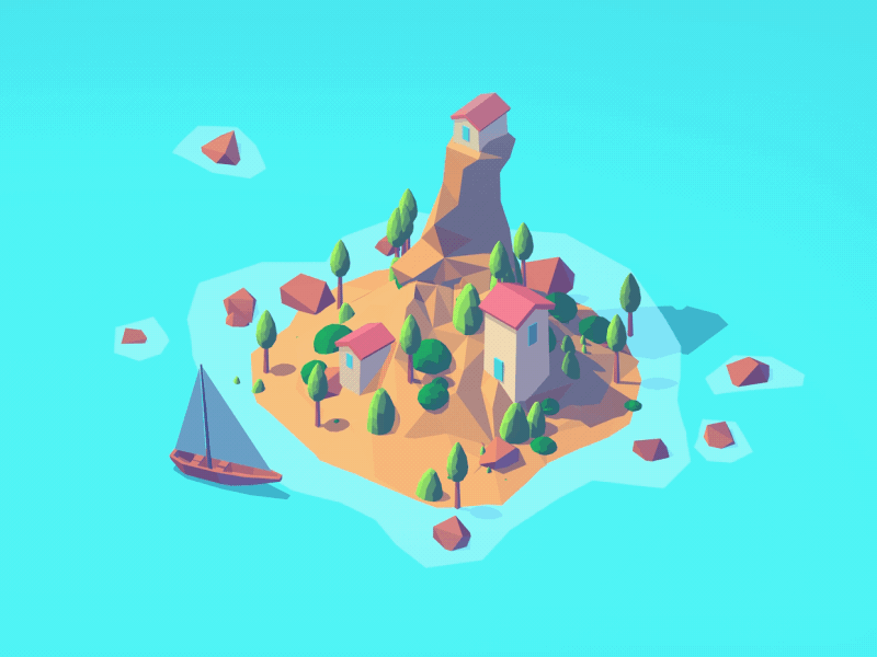 summer time low poly animation and futuristic city small
